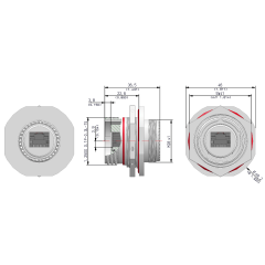 Dimensions of EMCA Connector Solutions RJ45 CAT6A Feedthrough Jam Nut Receptacle in Cadmium Olive Drab finish (Part Number: X1-9889-19-6 N 0)