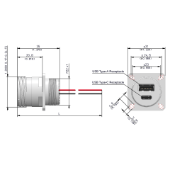 Dimensions of EMCA Connector Solutions X2-9858 Dual USB-A/C Square Flange Receptacle for Power Supply