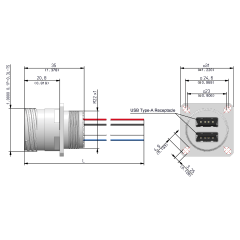 Dimensions of EMCA Connector Solutions X2-9860 Dual USB-A Square Flange Receptacle for Power Supply