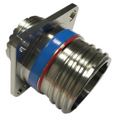 Side view of Amphenol D38999 Series III Box Mount Receptacle in Stainless Steel finish (Part Number: D38999/20KB35PA)