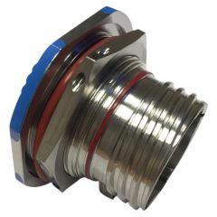 Side view of Souriau Sunbank by Eaton D38999 Series III Jam Nut Receptacle in Stainless Steel finish (Part Number: D38999/24KE20SN)