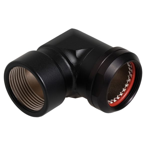 Front view of EMCA 90 Degree M Thread Adaptor in Black Hybrid finish (Part Number: A37-444-8J27KN)