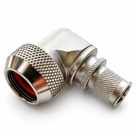 Front view of EMCA Electro-Mechanic A37-795 90 Degree Screened Adaptor in Stainless Steel Passivated finish