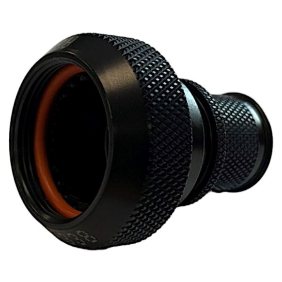 Front view of EMCA Straight Screened Adaptor in Black Zinc Nickel finish (Part Number: A37-796-2205)