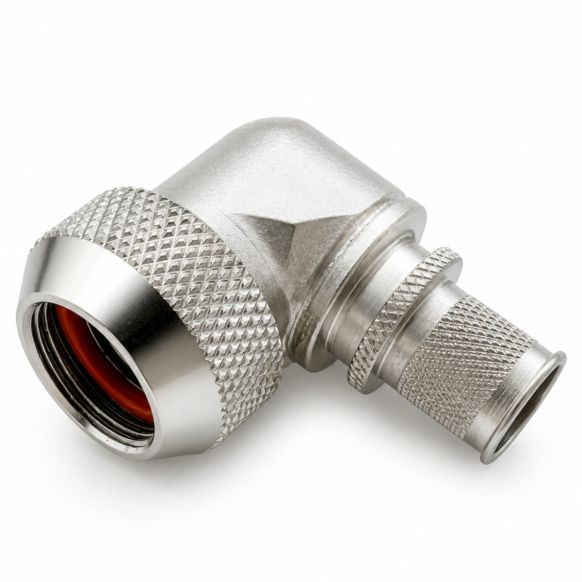 Front view of EMCA Electro-Mechanic A37-525 90 Degree Screened Adaptor in Electroless Nickel finish
