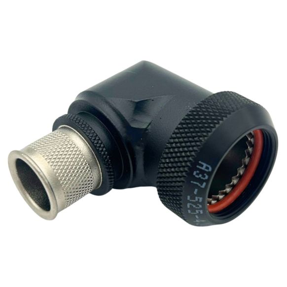 Front view of EMCA Electro-Mechanic A37-525 90 Degree Screened Adaptor in Black Hybrid finish