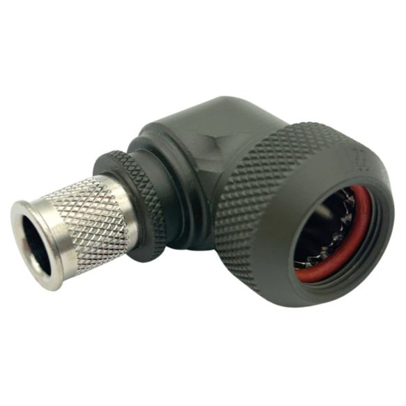 Front view of EMCA Electro-Mechanic A37-525 90 Degree Screened Adaptor in Olive Drab Hybrid finish