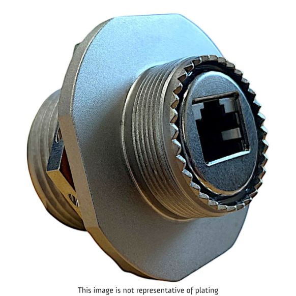 Front view of EMCA Connector Solutions RJ45 CAT6A Feedthrough Jam Nut Receptacle in Electroless Nickel finish