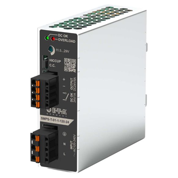 Front view of E-T-A SMPS-T Series Single Phase Switch Mode Power Supply - 120 W - 5A (Part Number: SMPS-T-01-1-120-DC24V-5A)