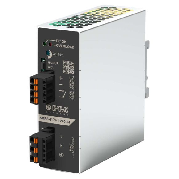 Front view of E-T-A SMPS-T Series Single Phase Switch Mode Power Supply - 240 W - 10A (Part Number: SMPS-T-01-1-240-DC24V-10A)