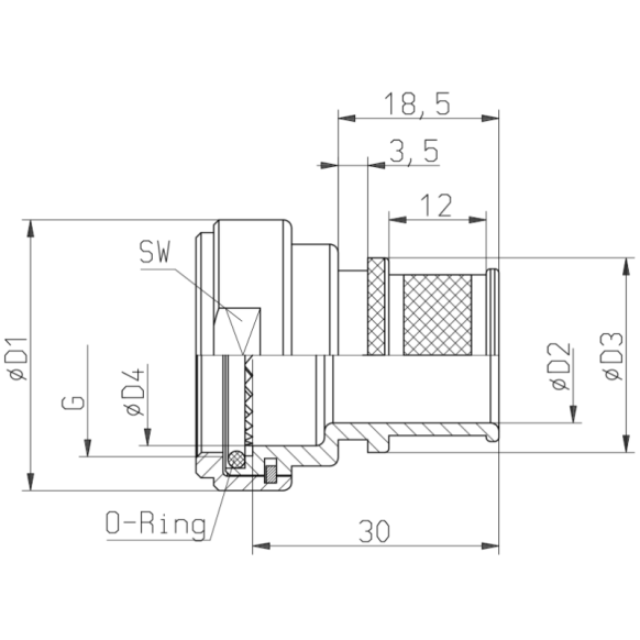 Dimensions of EMCA Straight (RFI/EMI) Screened Adaptor in Green Hybrid finish (Part Number: A57-514-2U07)