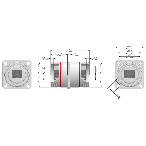Dimensions of EMCA Connector Solutions RJ45 CAT5e Bulkhead Feedthrough Square Flange Receptacle in Cadmium Olive Drab finish (Part Number: X1-9850-19-6 N 0)
