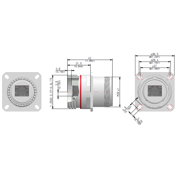 Dimensions of EMCA Connector Solutions RJ45 CAT6A Feedthrough Sealed Square Flange Receptacle in Tin Zinc Grey finish (Part Number: X1-9884-19-V N 0)