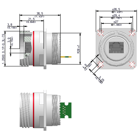 Dimensions of EMCA Connector Solutions RJ45 CAT6A PCB Square Flange Receptacle in Electroless Nickel finish (Part Number: X1-9886-19-5 N 0)