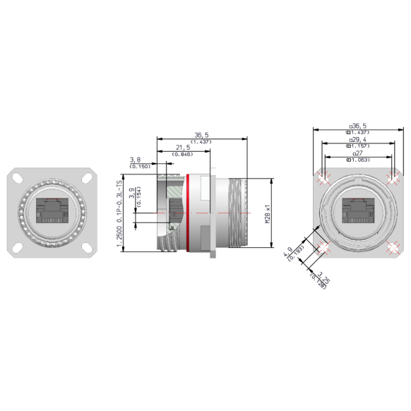 Dimensions of EMCA Connector Solutions RJ45 CAT6A Feedthrough Square Flange Receptacle in Marine Bronze finish (Part Number: X1-9888-19-9 N 0)