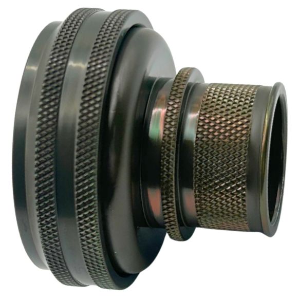 Side view of EMCA Straight (RFI/EMI) Screened Adaptor in Olive Drab Cadmium finish (Part Number: A77-334-8612)
