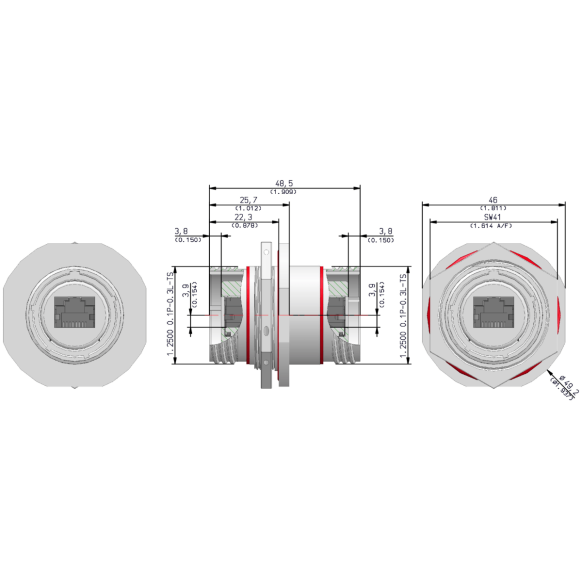 Dimensions of EMCA Connector Solutions RJ45 CAT5e Bulkhead Feedthrough Jam Nut Receptacle in Tin Zinc Grey finish (Part Number: X1-9851-19-V N 0)