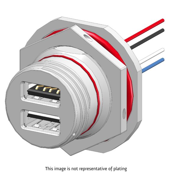 Front view of EMCA Connector Solutions X2-9861 Dual USB-A Jam Nut Receptacle for Power Supply