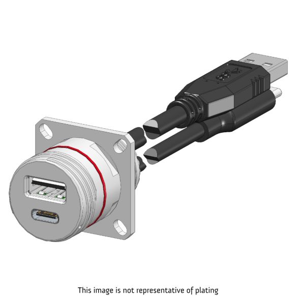 Front view of EMCA Connector Solutions X2-9862 Dual USB-A/C Square Flange Receptacle with Cordset