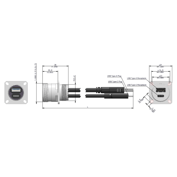Dimensions of EMCA Connector Solutions X2-9862 Dual USB-A/C Square Flange Receptacle with Cordset