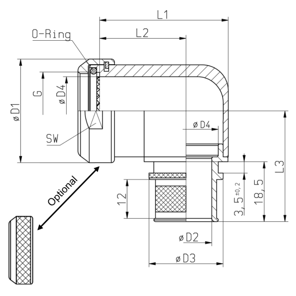 Dimensions of EMCA Electro-Mechanic A37-525 90 Degree (RFI/EMI) Screened Adaptor
