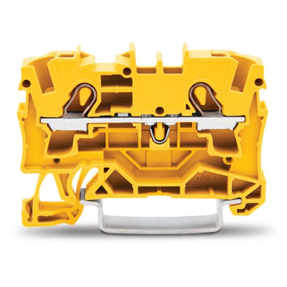 Front view of WAGO TOPJOB®S 2004 Series Rail Mounted 2 Conductor Through Terminal Block, Yellow (Part Number: 2004-1206)