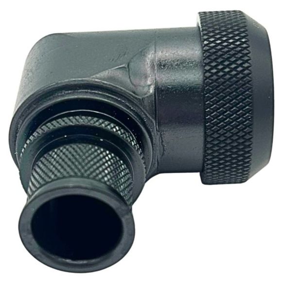 Side view of EMCA Electro-Mechanic A37-525 90 Degree Screened Adaptor in Black Zinc Nickel finish