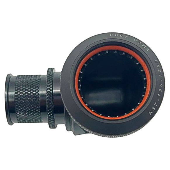 Front view of EMCA Electro-Mechanic A37-525 90 Degree Screened Adaptor in Black Zinc Nickel finish