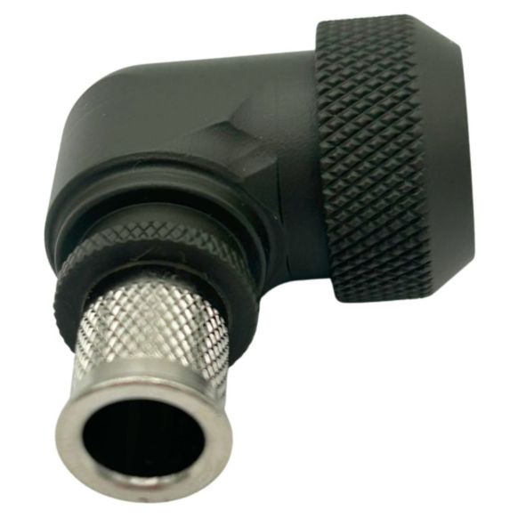 Side view of EMCA Electro-Mechanic A37-525 90 Degree Screened Adaptor in Olive Drab Hybrid finish