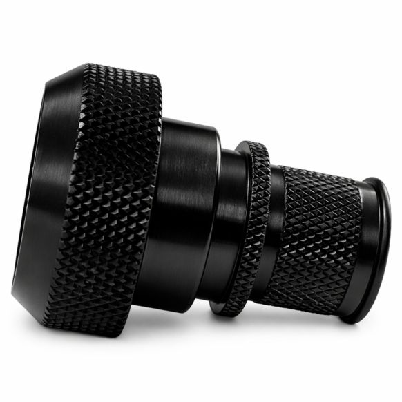 Side view of EMCA Electro-Mechanic A37-526 Straight Screened Adaptor in Black Zinc Nickel finish