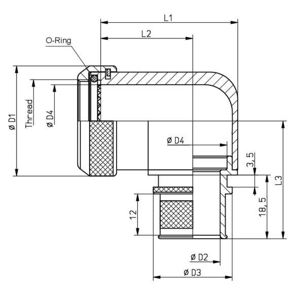 Dimensions of EMCA Electro-Mechanic A37-795 90 Degree (RFI/EMI) Screened Adaptor