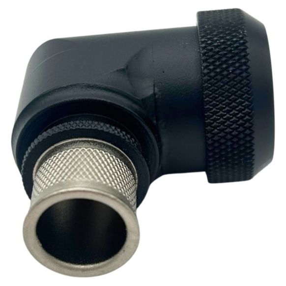 Side view of EMCA Electro-Mechanic A37-795 90 Degree Screened Adaptor in Black Hybrid finish