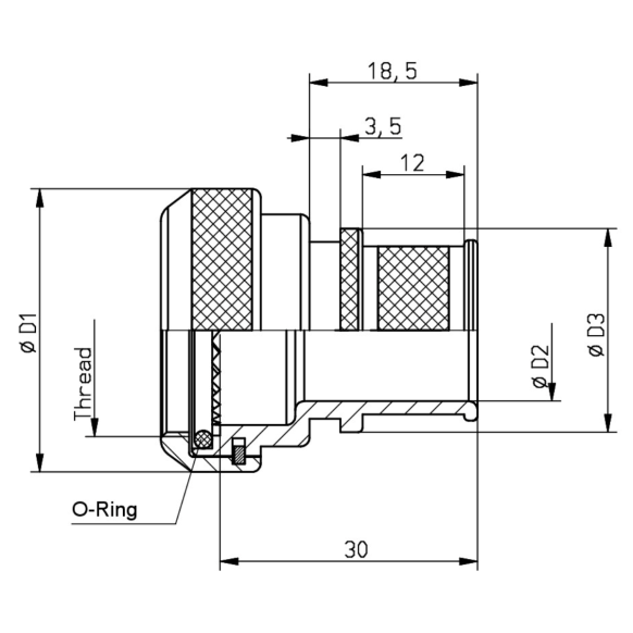 Dimensions of EMCA Electro-Mechanic A37-796 Straight (RFI/EMI) Screened Adaptor