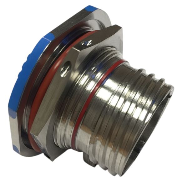 Side view of Amphenol D38999 Series III Jam Nut Receptacle in Stainless Steel finish (Part Number: D38999/24KC35PN)